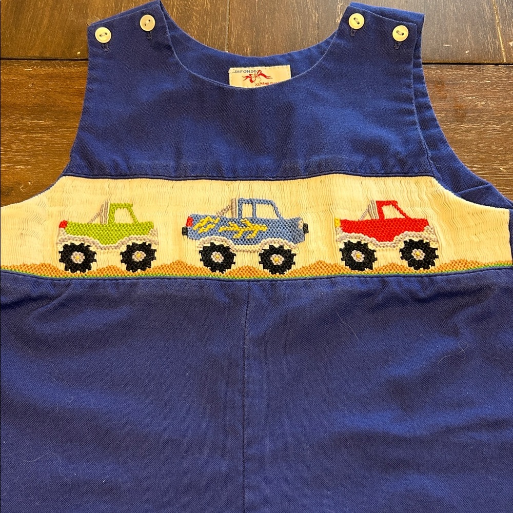 Silly Goose Smocked Big Wheels Blue Poly/Cotton One-Piece Romper